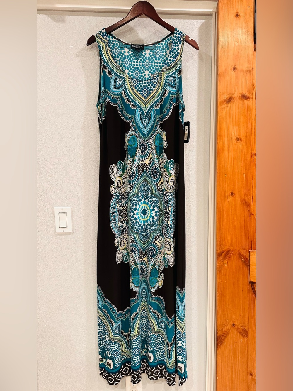 I.N. Studio Black Maxi Dress with Teal and White Medallion Print